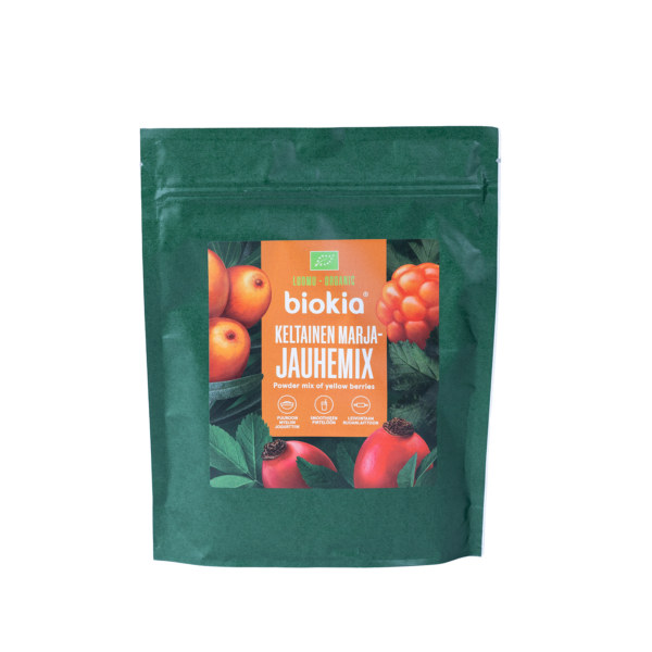 Bio-Pulvermischung aus gelben Beeren 150 g, mit der Vorderseite nach oben verpackt.