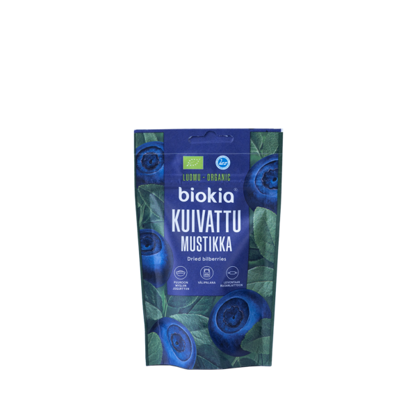 A package of Organic Dried Bilberries 50 g, featuring an eye-catching blue and green design with the label "Kuivattu Mustikka" and organic certification symbols. The packaging highlights vivid images of fresh bilberries and leaves, underscoring the natural essence of the dried bilberries inside.