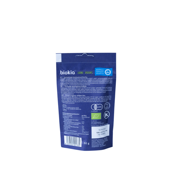 The packaging for Organic Dried Bilberries 50 g is beautifully designed in blue and white, displaying nutritional information, certifications, and branding. Positioned upright against a simple backdrop, it effectively emphasizes the premium quality of the dried bilberries within.