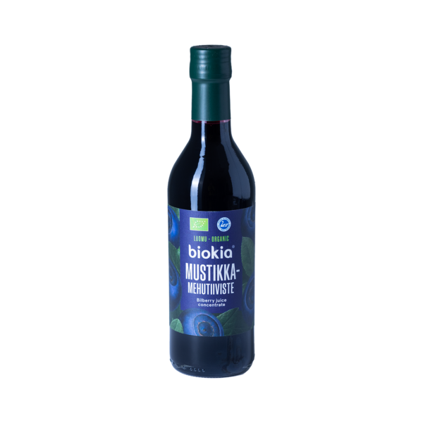 A 350 ml dark glass bottle of Organic bilberry juice concentrate, featuring a green cap and a label decorated with images of blueberries.