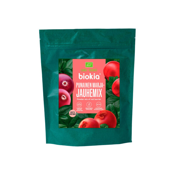 Grüne Packung Bio-Pulvermischung aus roten Beeren 150 g mit Abbildungen von Beerensorten wie Cranberries und Preiselbeeren auf dem Etikett. Die Verpackung hebt die Bio-Zertifizierung und den Beerengehalt hervor.