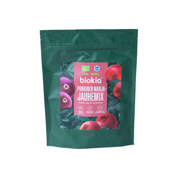 A green package of "Organic red berry powder mix 150 g" features vibrant images of red berries. This powder is organic, as denoted by Finnish logos and text on the label. The minimalist design contrasts with the plain white background.