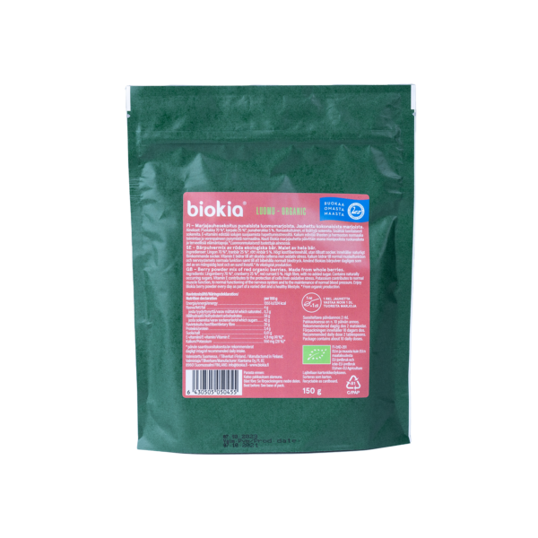 A green package of Biokia Organic Red Berry Powder Mix. The front displays brand and product details in multiple languages, nutrition facts, and eco-friendly certifications. This 150g bag includes a resealable closure at the top to ensure optimal freshness.