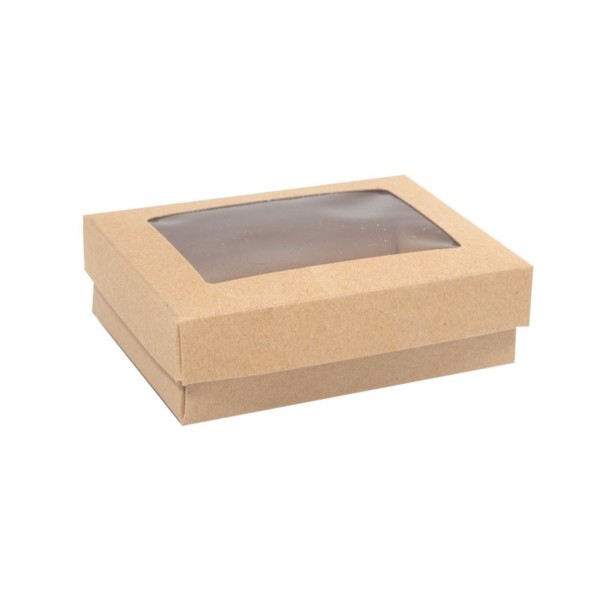 A small, rectangular, kraft paper box with a transparent plastic window on the lid, ideal for packaging small items or treats.