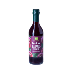 A 350 ml bottle of Biokia Organic wild cranberry juice, featuring a dark green cap and a label with cranberry images. It reads "Biokia Karpalo Täysmehu," "Wild Cranberry Juice," and displays the "Luomu Organic" certification, offering a pure cranberry juice experience.