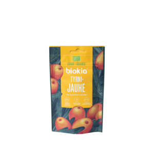 A packet of Biokia vegan organic sea buckthorn powder.