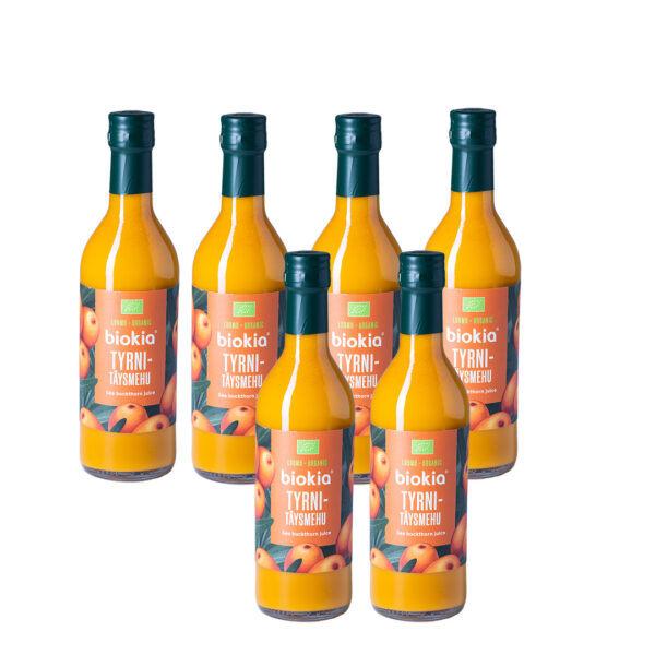 Six bottles of Organic sea buckthorn juice.